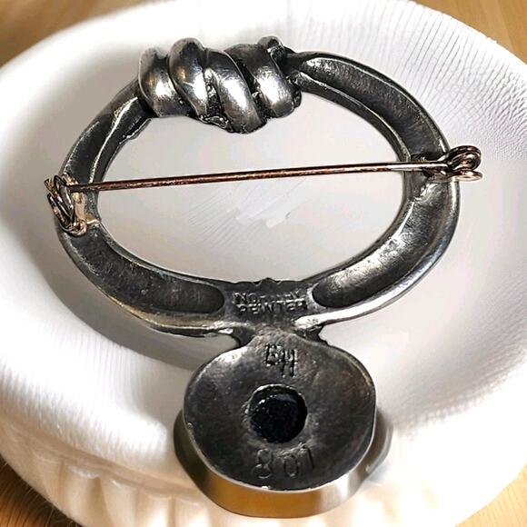 Vtg Eivind Hillestad Signed Norway 801 Pewter Brooch Scarf Fibula Pin Black Onyx - Picture 2 of 9